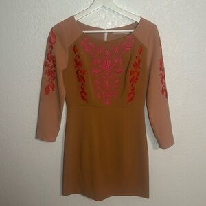 Champagne & Strawberry Boho Embroidered Mini Dress Size Small